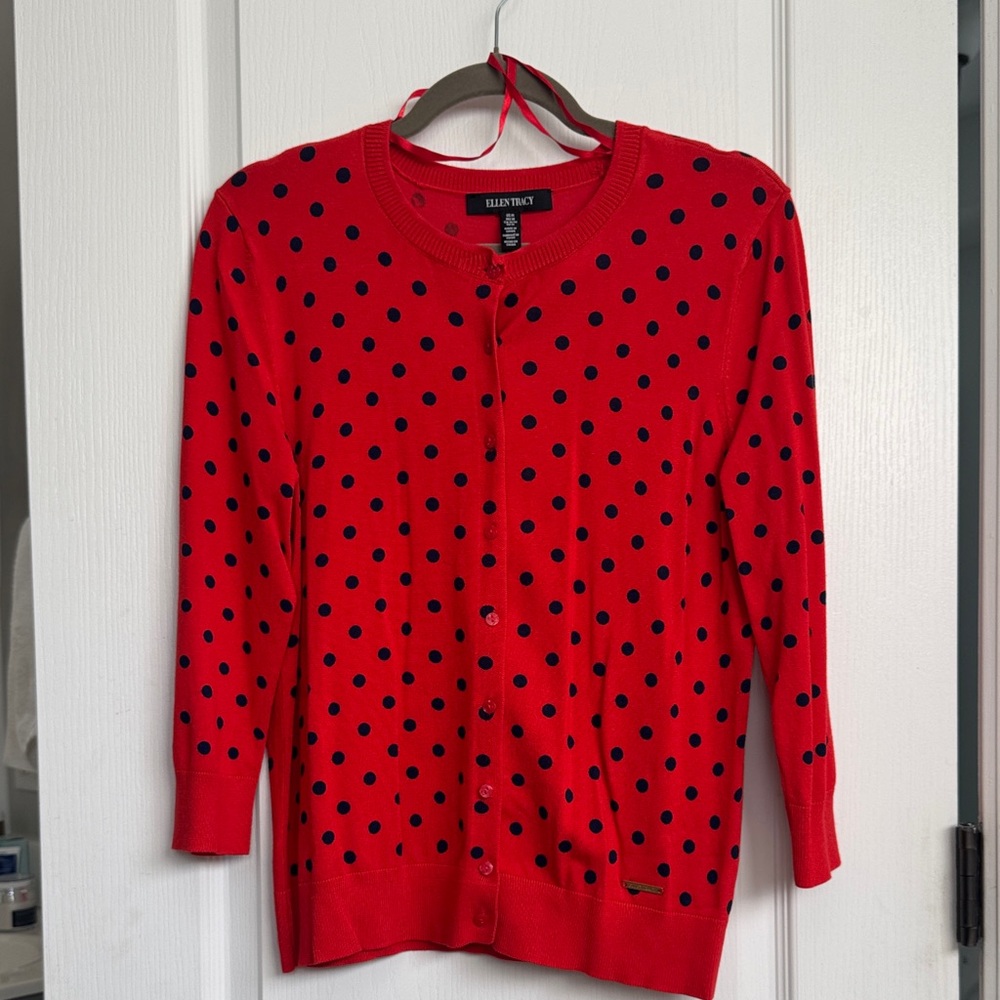 Ellen Tracy Red Cardigan with Navy Polka Dots